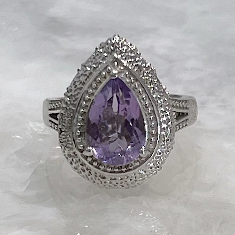 Rose de France Amethyst Pear Shaped Sterling Silver Ring Sz 8
